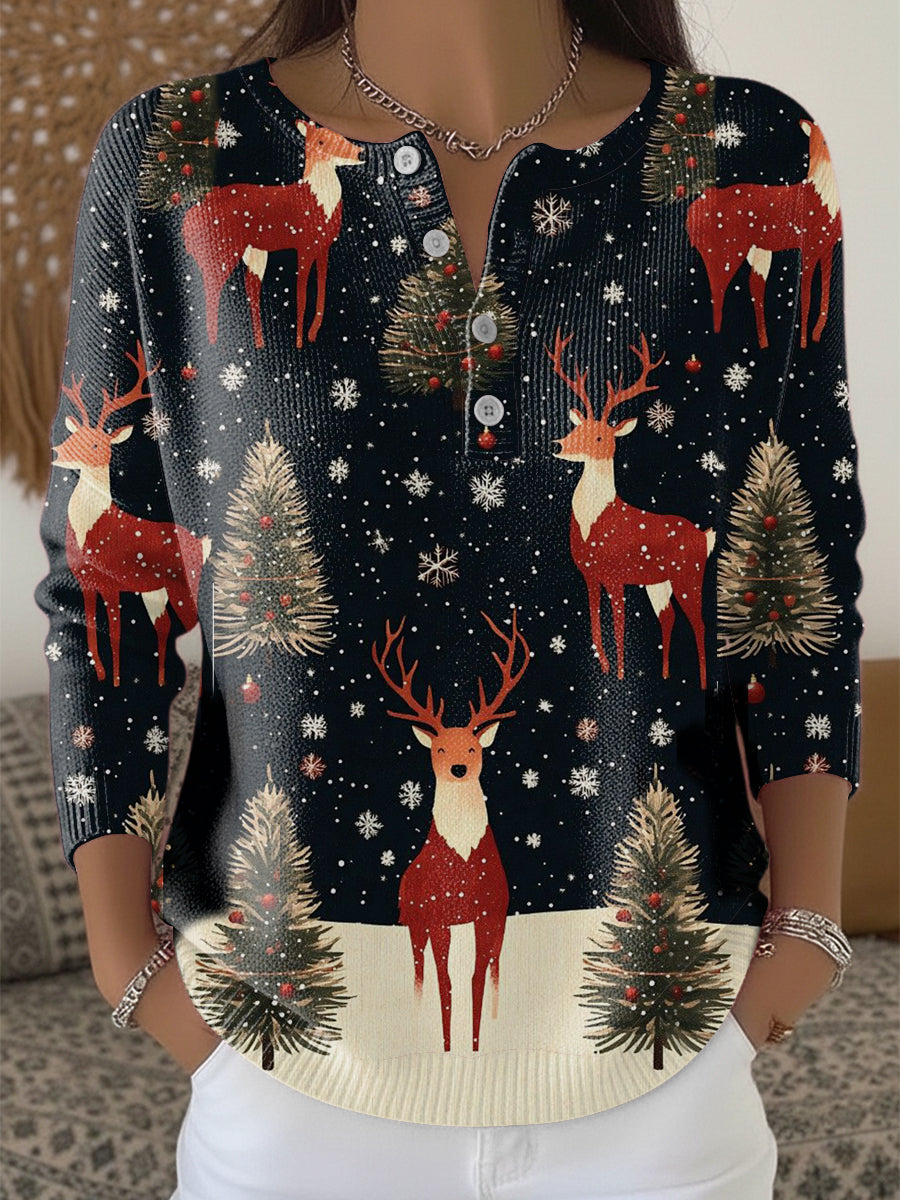 Kvinder varm rensdyr & juletræ Print Henley Hals Sweater Print