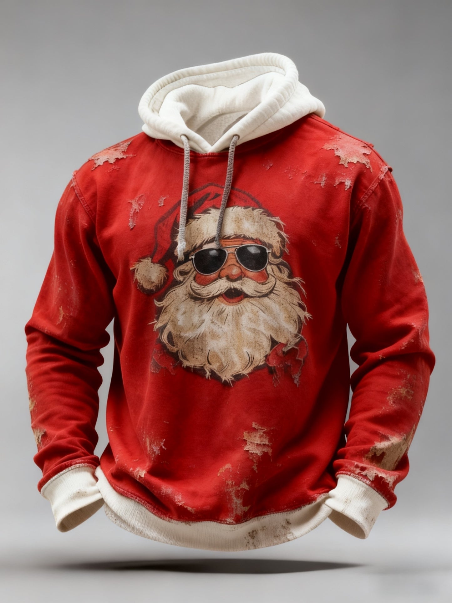 Vintage Christmas Solbriller Santa Claus Distressed Patchwork Print Casual Langærme Hooded sweatshirt