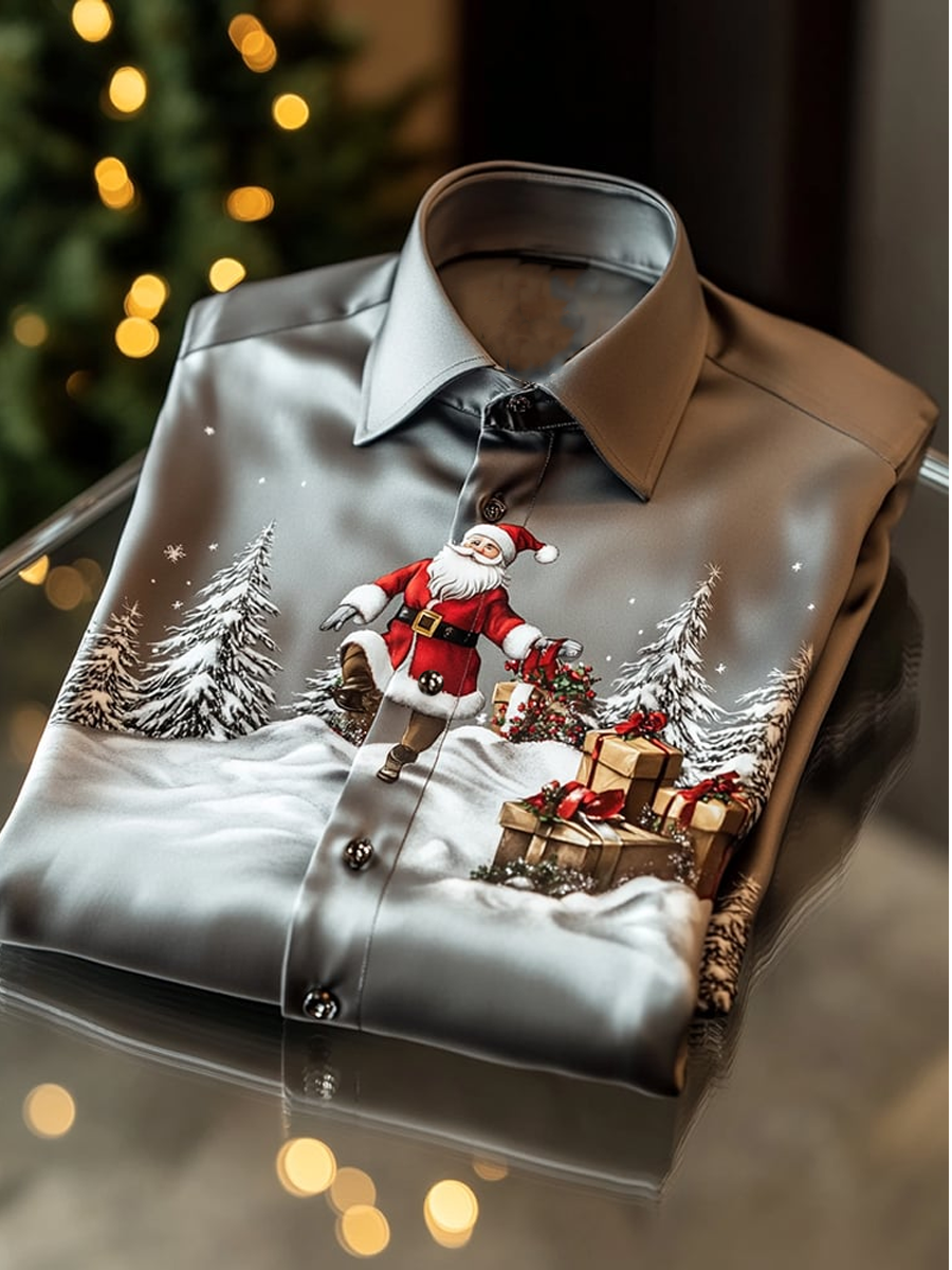 Mænds juleprintet satinskjorte