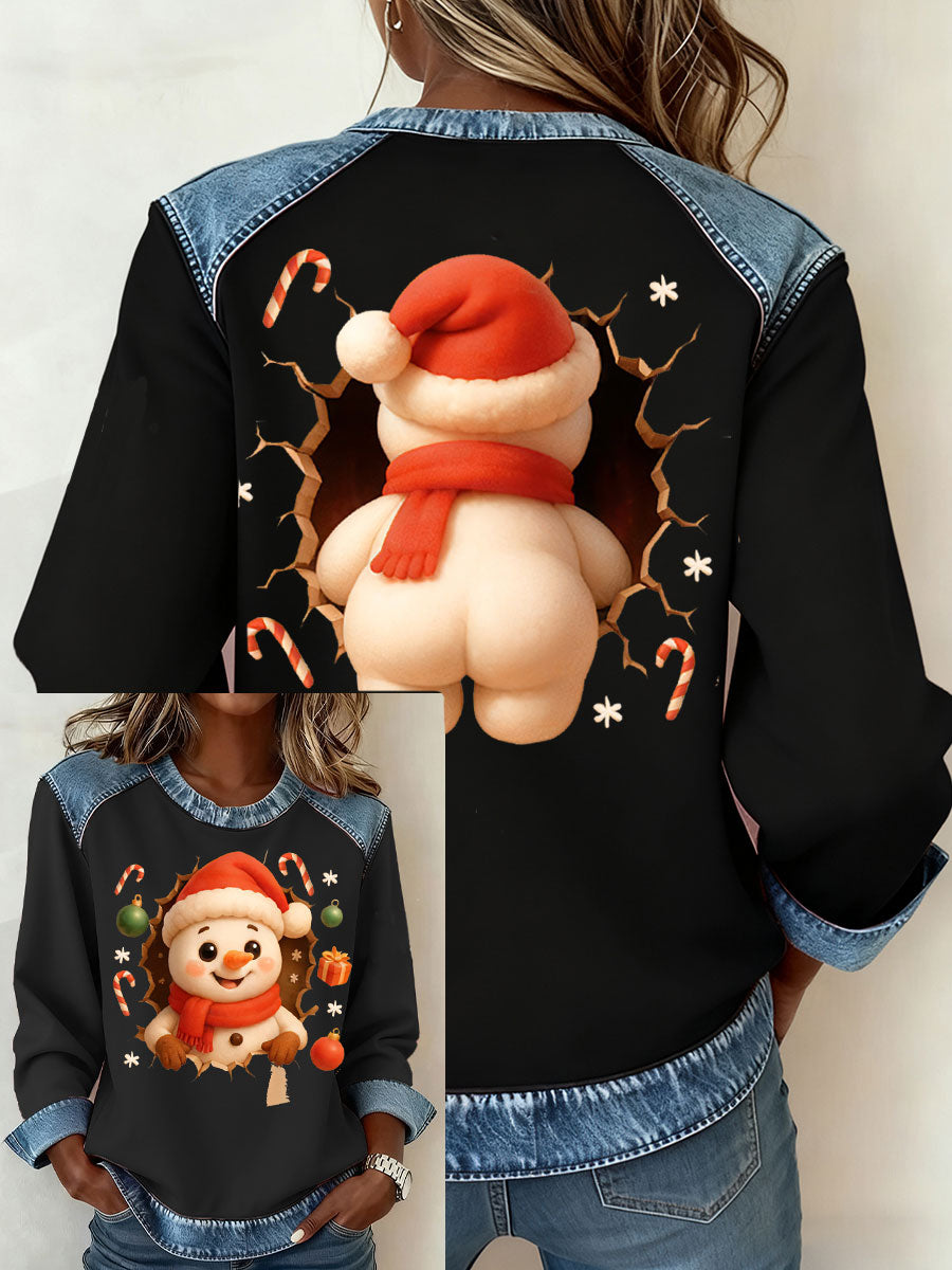 Kvinders patchwork-top i denim med sjov snemand til jul