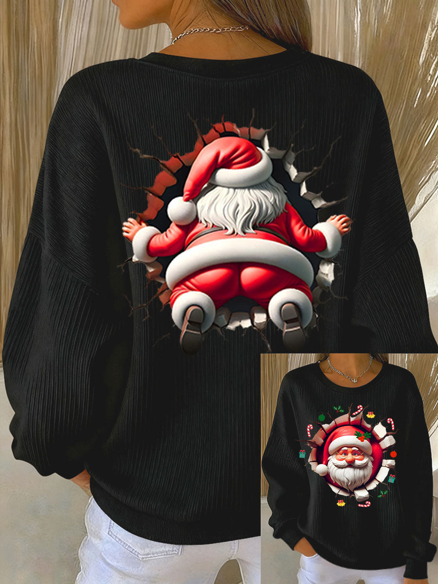 Kvinders sweatshirt med sjovt Santa-print og ribbet rund hals