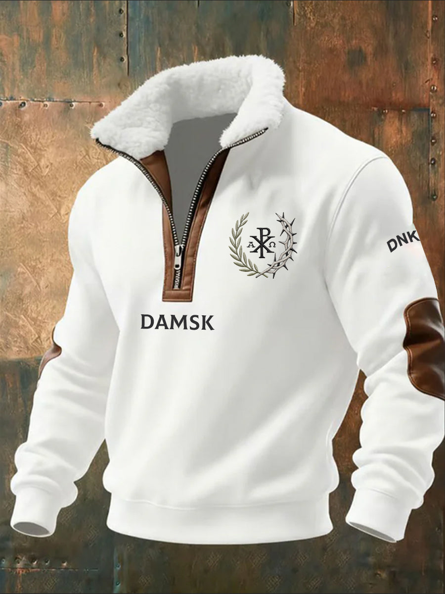 Mænds vintage print half-zip sweatshirt med fleecekrave