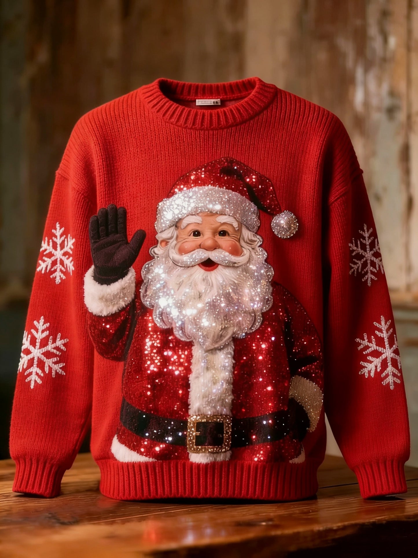 Retro jule-sweater med julemand og palietter