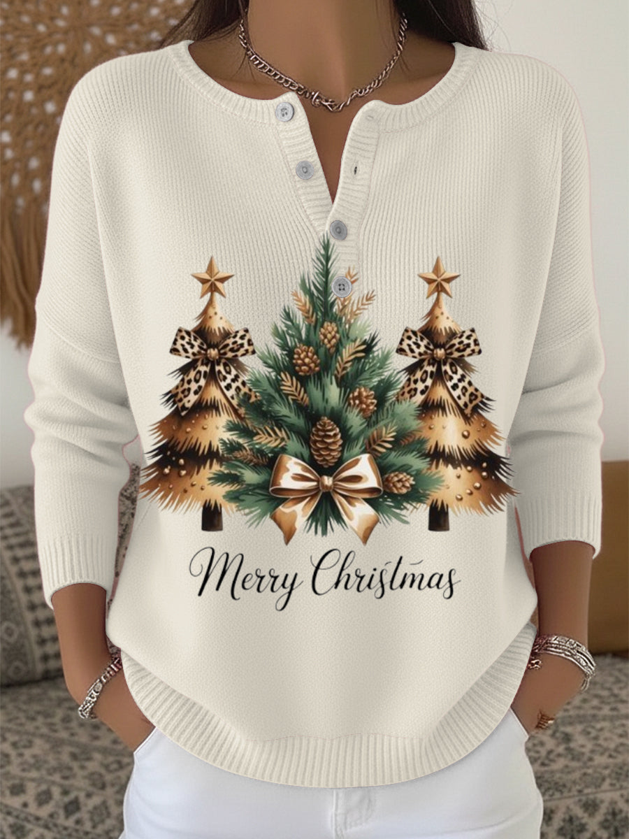 Kvinders stilfulde Leopard juletræ Print Henley hals Sweater Print