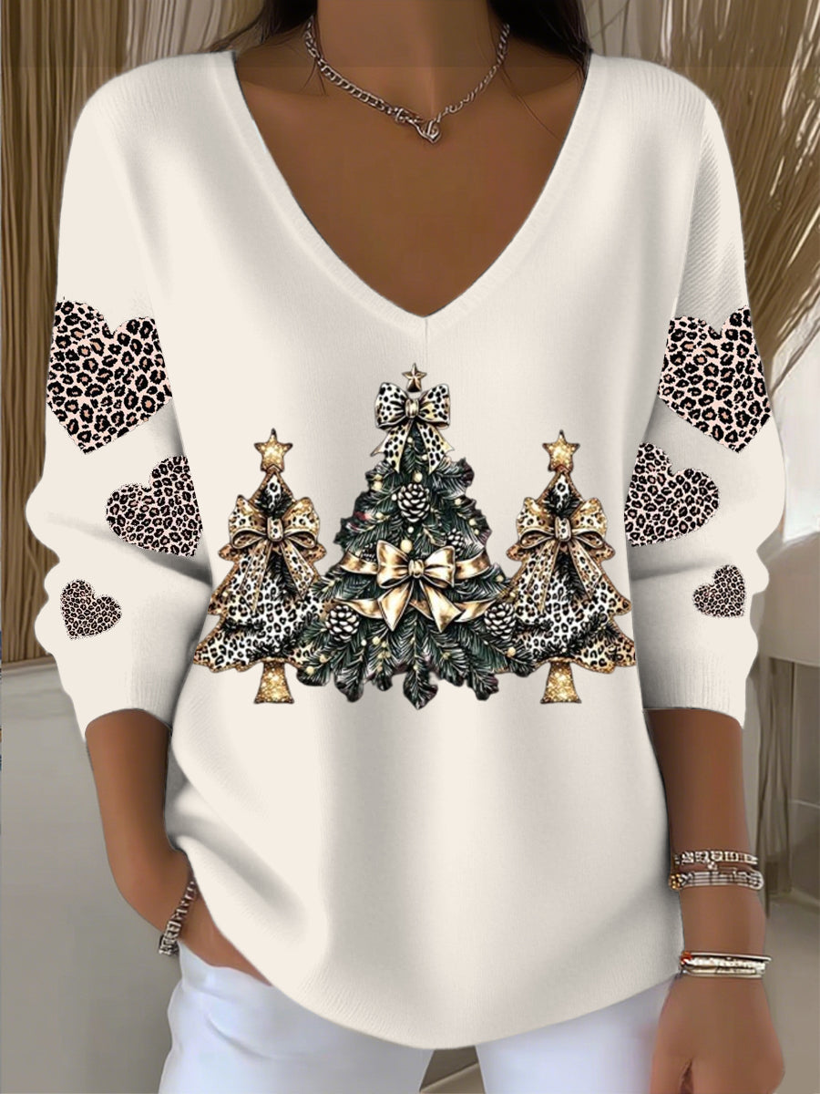 Kvinders stilfulde Leopard hjerte & juletræ Print V-hals Sweater.