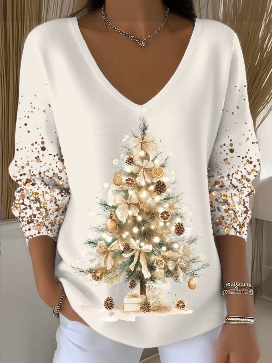 Kvinders glimrende guld juletræ Print V-hals sweeter