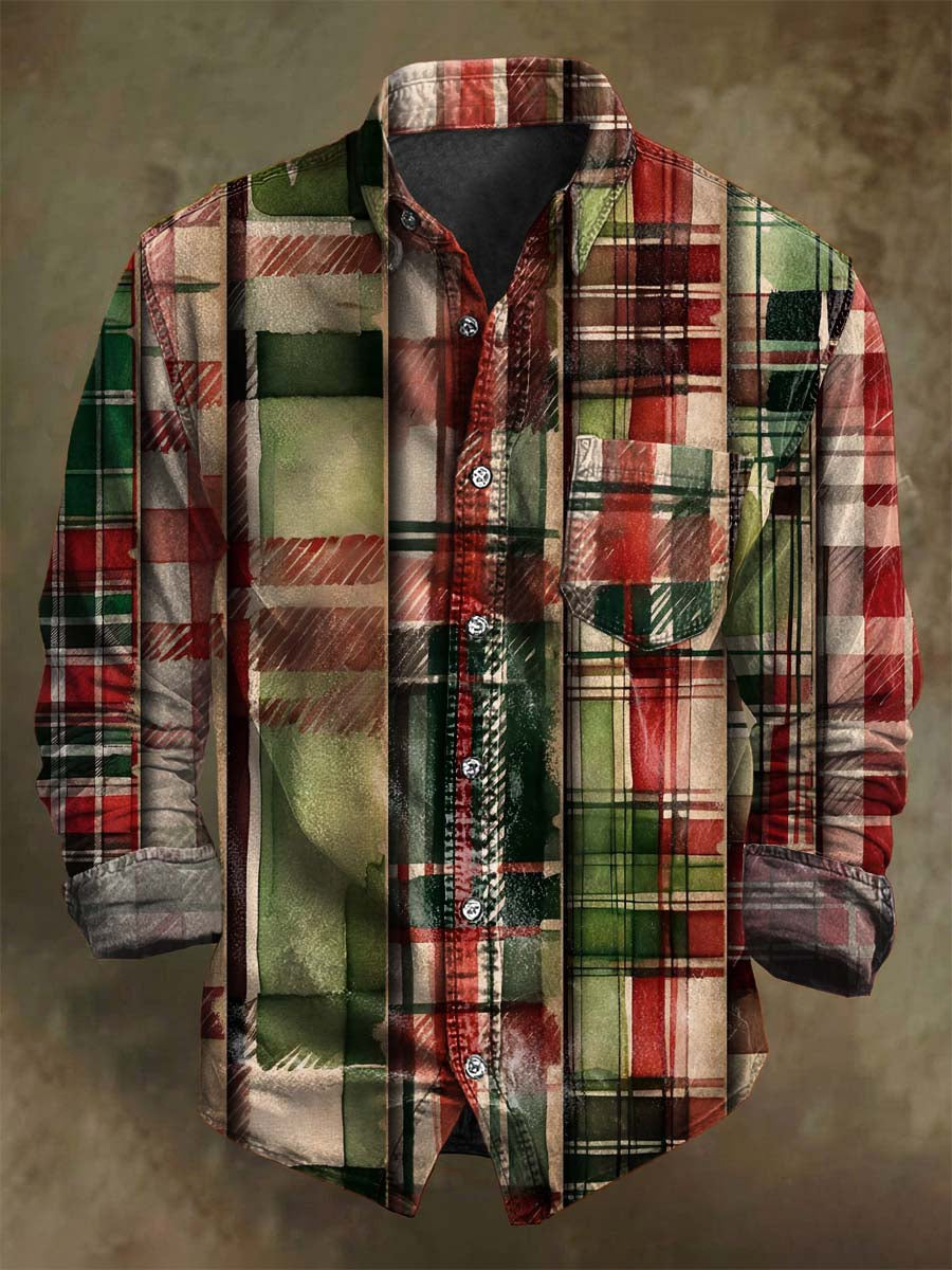 Vintage Plaid Print Jul Casual Lang-Sleeve skjorte
