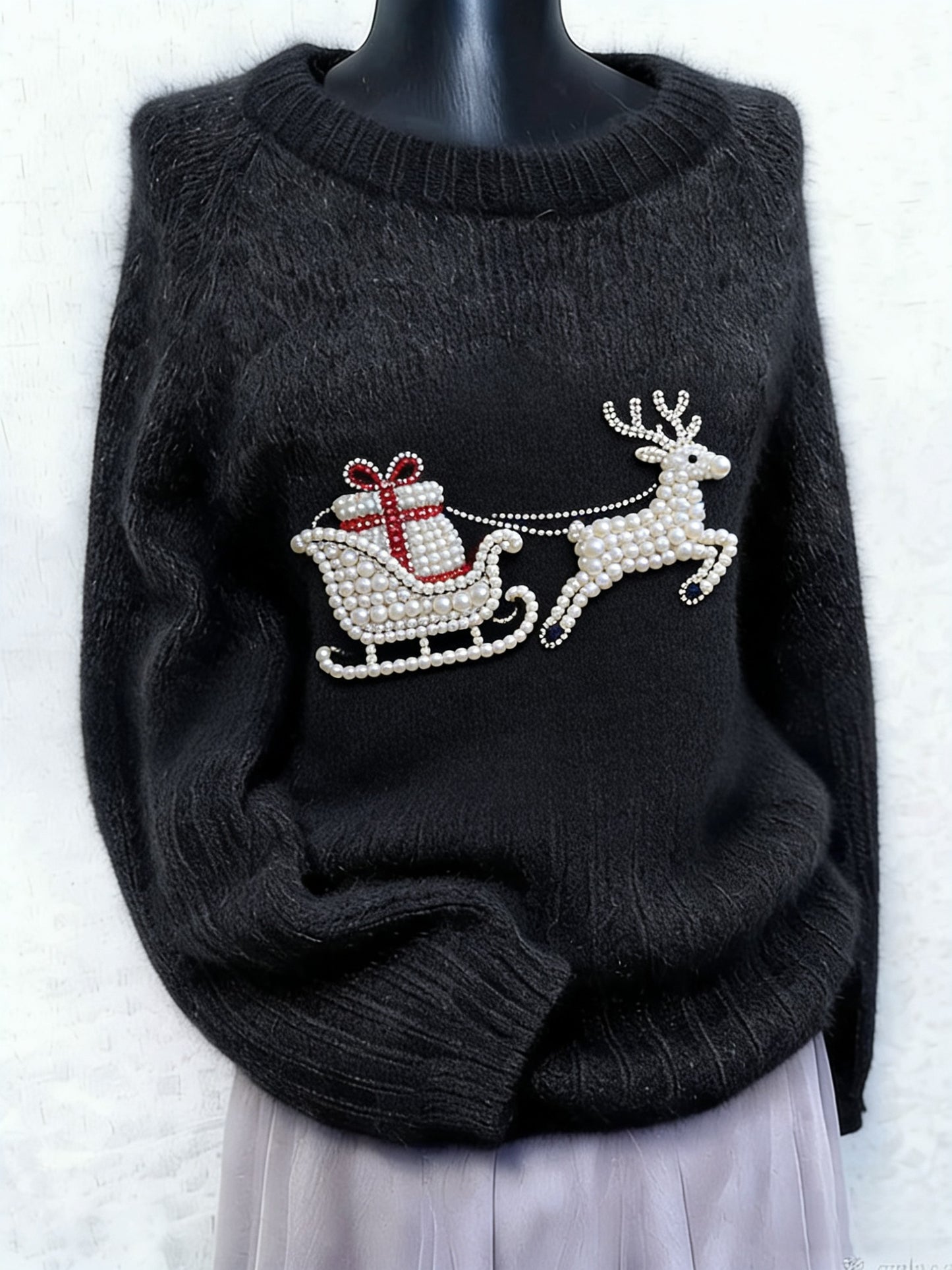 Kvinders Vintage Jule rensdyr gaveklokker med perle kunst Print Langærme Sweater.