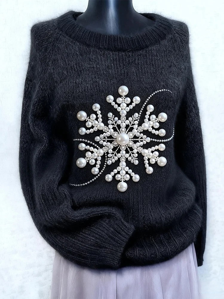 Kvinder Retro Jul snefnuge Pearl Art Print Langærme Sweater.