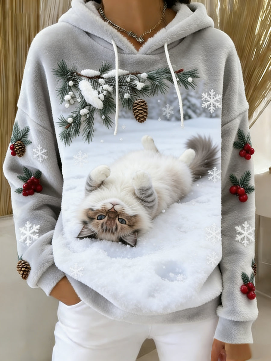 Kvinders Retro Animal Art Print Komfortable Flannel Hooded sweatshirt