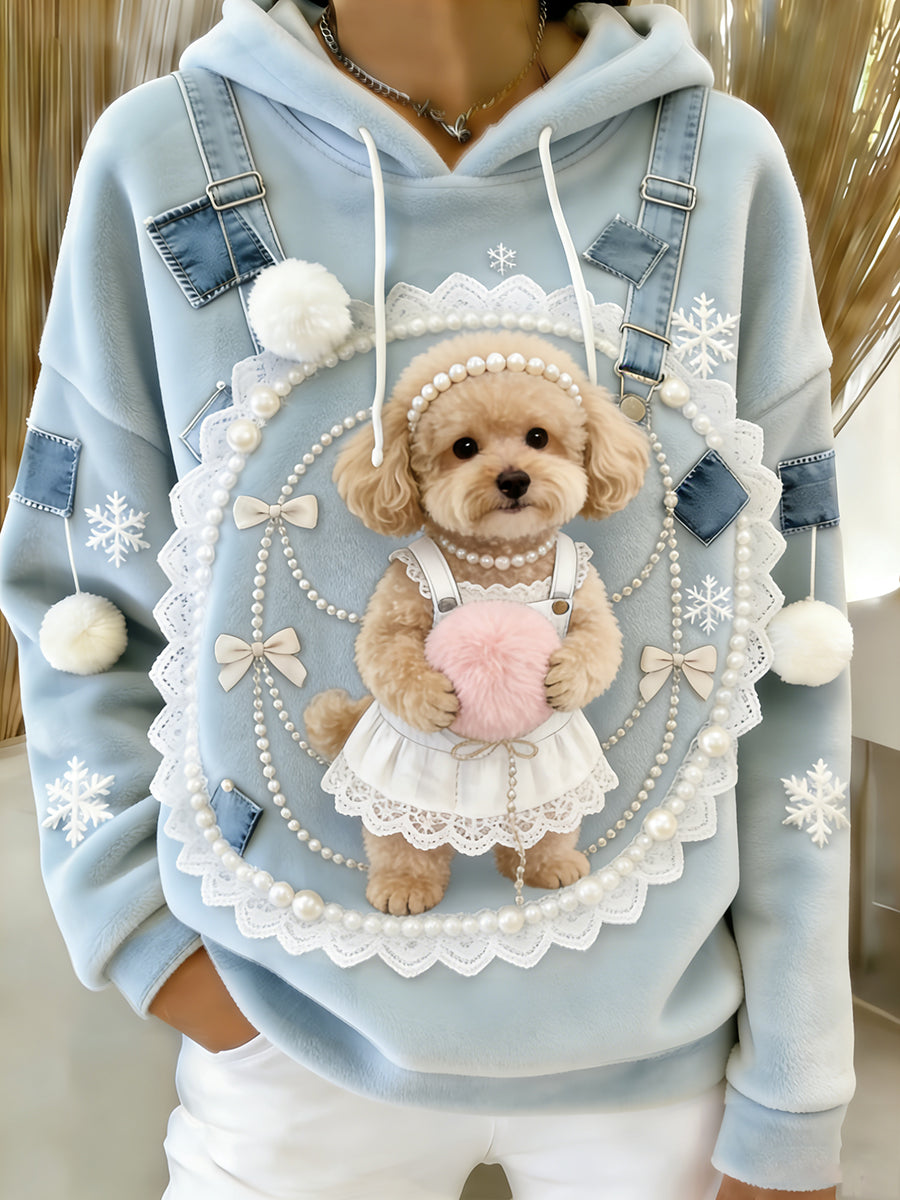 Kvinders Retro Animal Art Print Komfortable Flannel Hooded sweatshirt