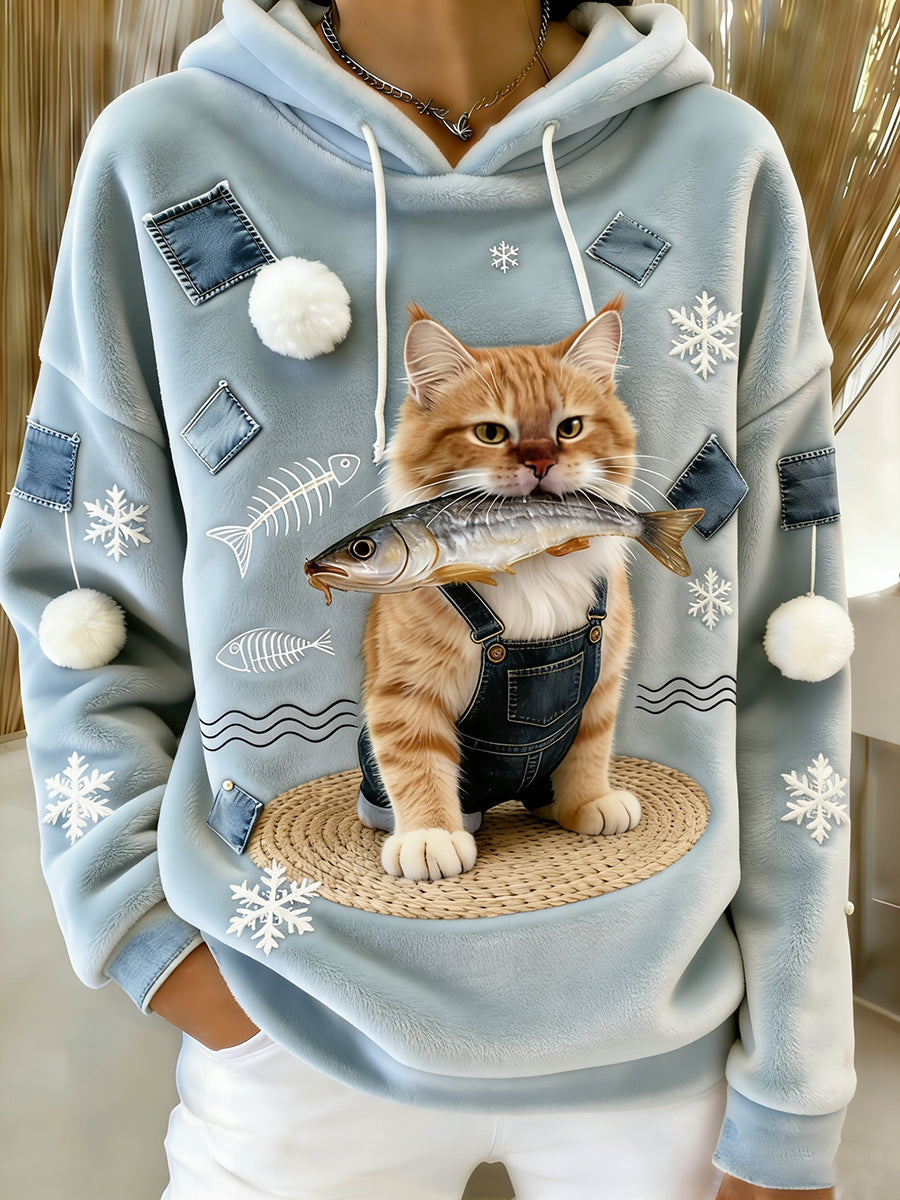 Kvinders Retro Animal Art Print Komfortable Flannel Hooded sweatshirt