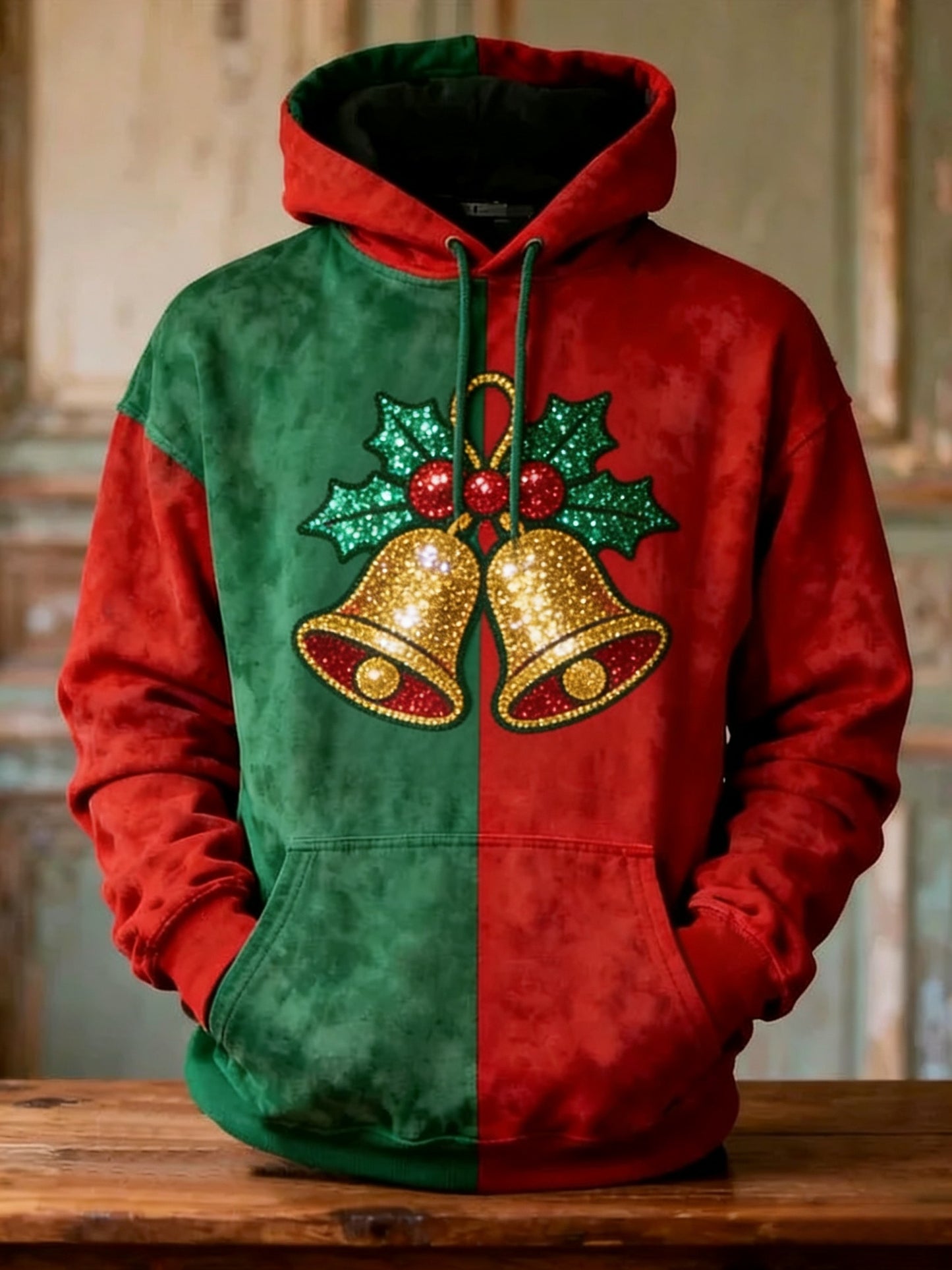 Retro jul Sequined Bell Patchwork Print Casual Langærme Lomme Sweatshirt