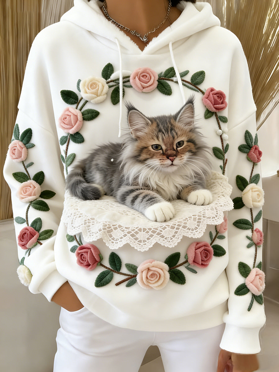 Kvinders Retro Animal Art Print Komfortable Flannel Hooded sweatshirt