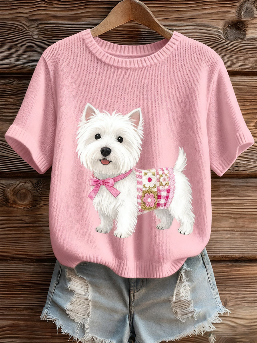 Kvinders kunstnerisk dyr Print Komfortabel Strik Kort ærme Toppe