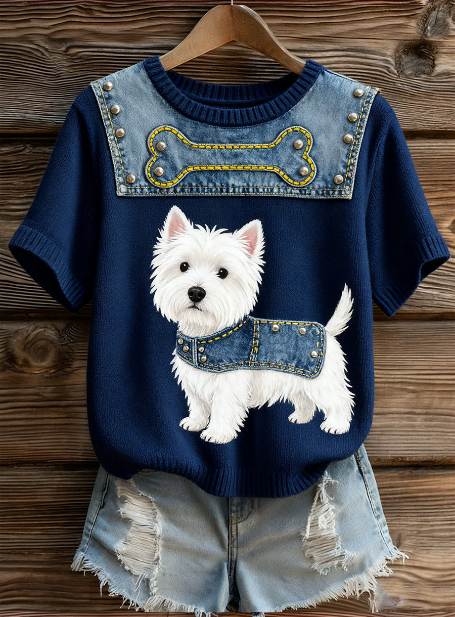 Kvinders kunstnerisk dyr Print Komfortabel Strik Kort ærme Toppe