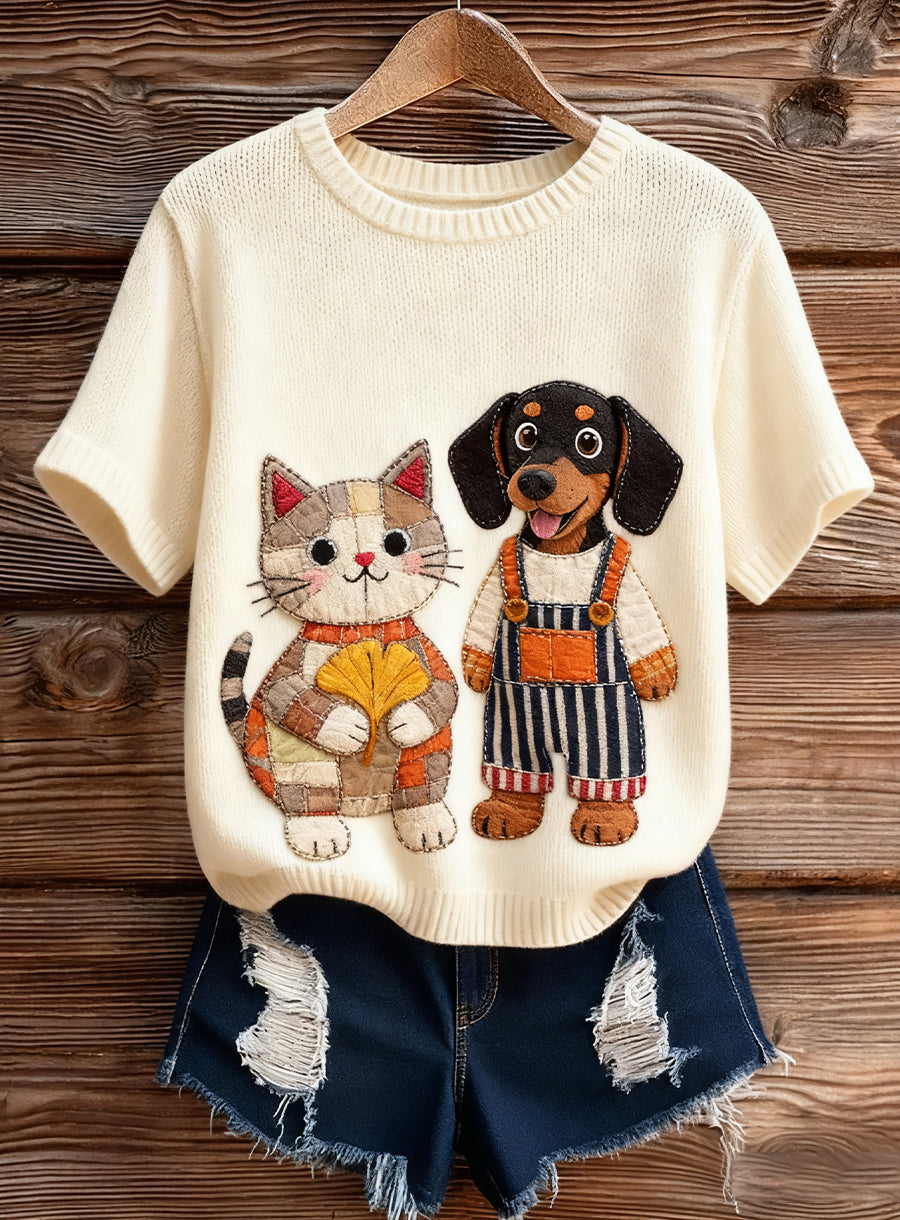 Kvinders kunstnerisk dyr Print Komfortabel Strik Kort ærme Toppe