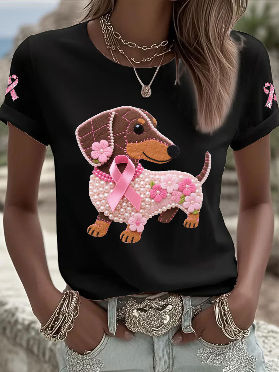 Kvinders Pink Ribbon Print Casual T-shirt