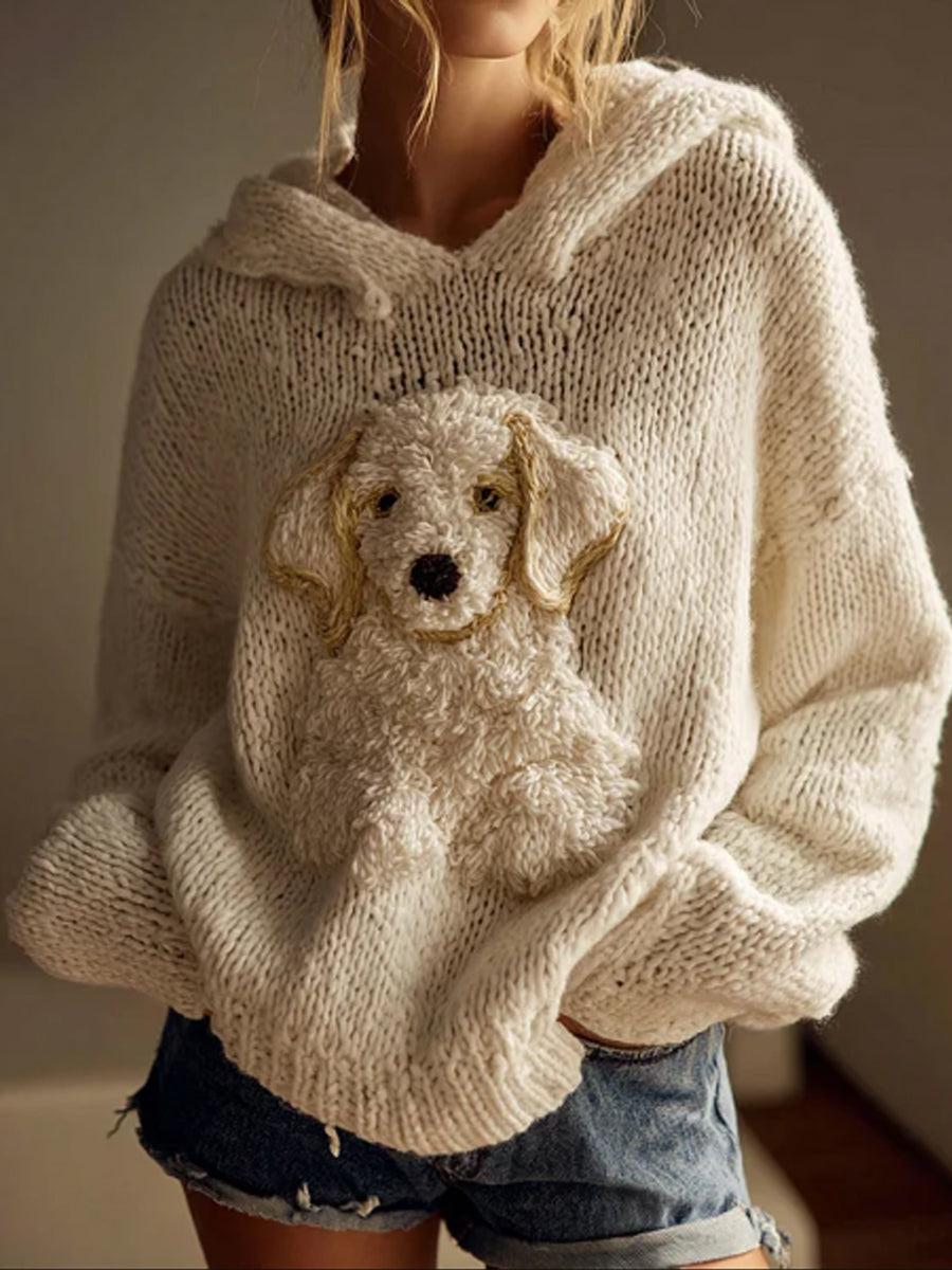 Kvinders klassiske fuzzy Golden Retriever Hung følt hyggelige strikket hættesløs sweater.