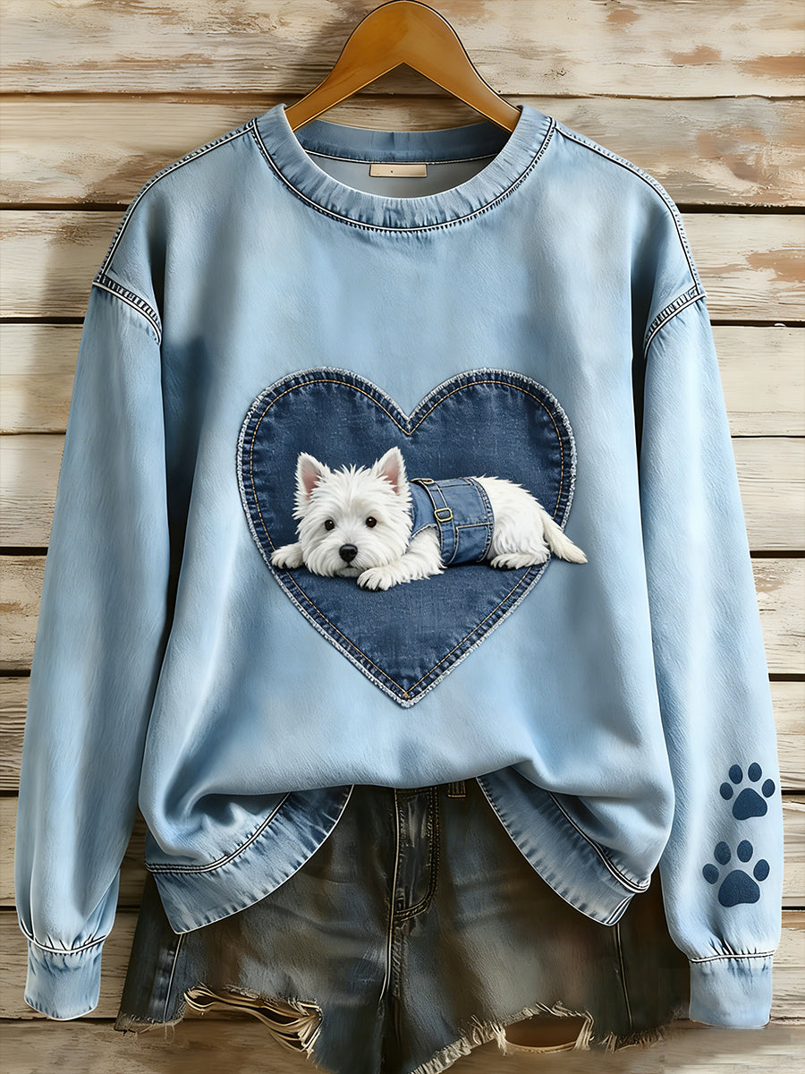 Kvinders Retro Denim Patchwork Animal Art Print Casual Comfort Langærme Sweatshirt