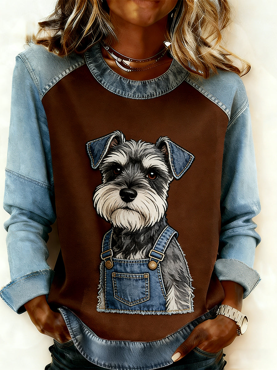 Kvinders Retro Animal Art Print Komfortable Denim Patchwork Sweatshirt