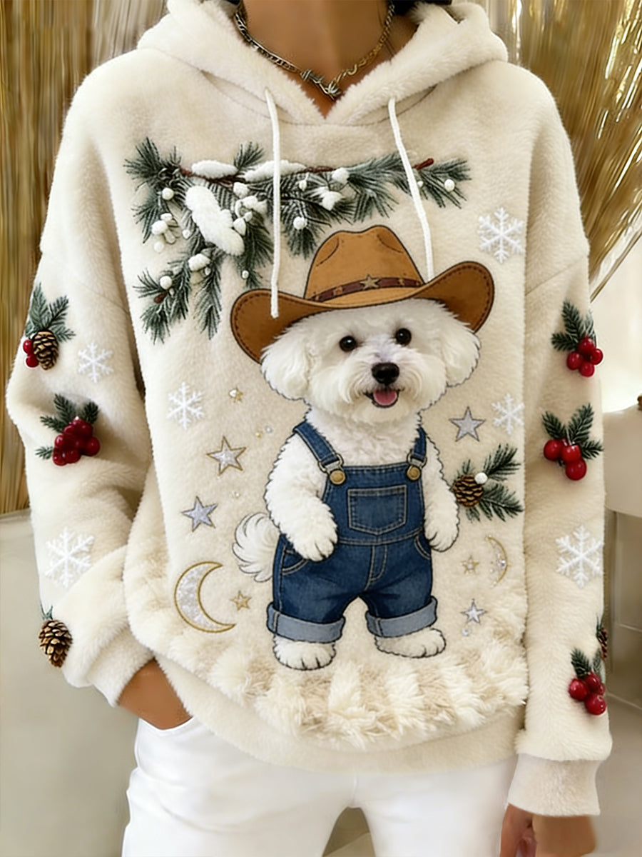 Kvinders Retro Animal Art Print Komfortable Flannel Hooded sweatshirt