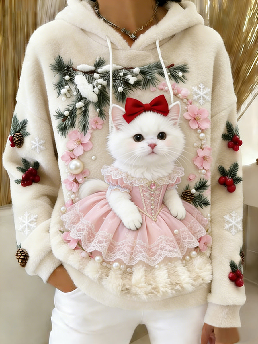 Kvinders Retro Animal Art Print Komfortable Flannel Hooded sweatshirt