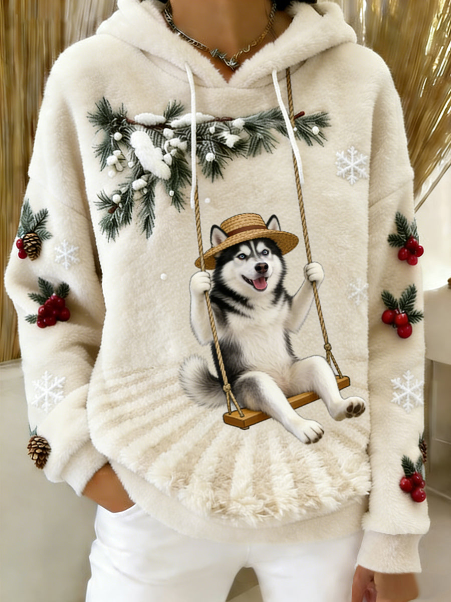 Kvinders Retro Animal Art Print Komfortable Flannel Hooded sweatshirt