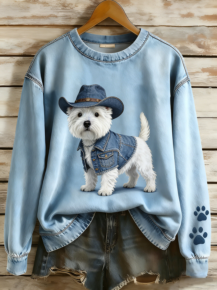 Kvinders Retro Denim Patchwork Animal Art Print Casual Comfort Langærme Sweatshirt