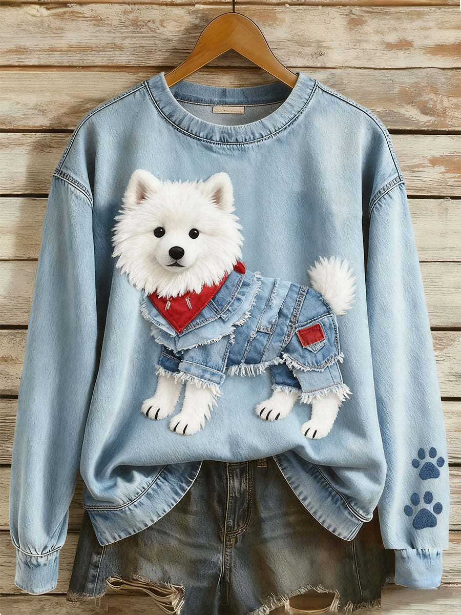 Kvinders Retro Denim Patchwork Animal Art Print Casual Comfort Langærme Sweatshirt