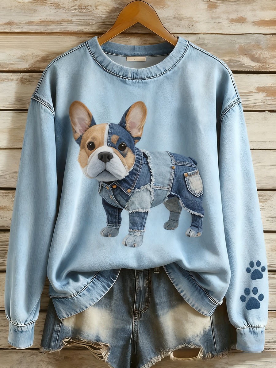 Kvinders Retro Denim Patchwork Animal Art Print Casual Comfort Langærme Sweatshirt