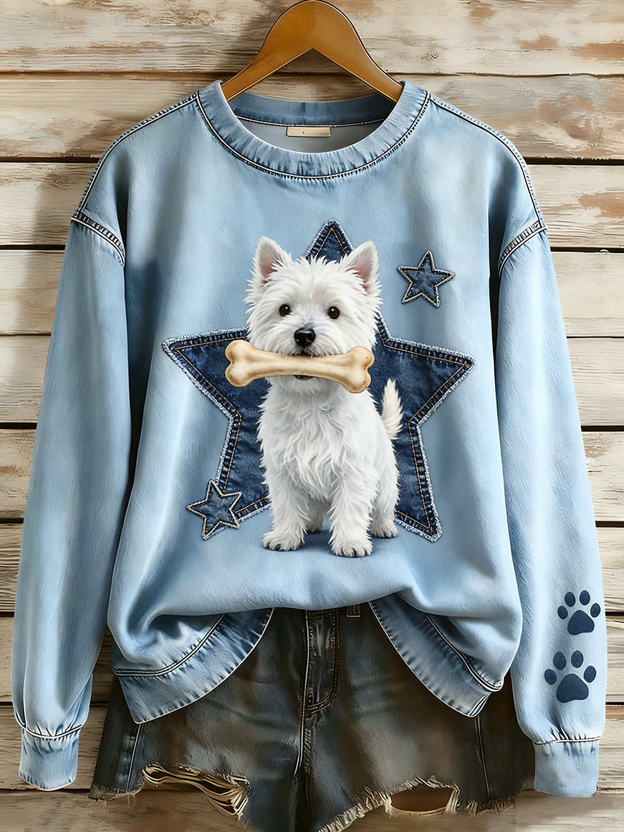 Kvinders Retro Denim Patchwork Animal Art Print Casual Comfort Langærme Sweatshirt