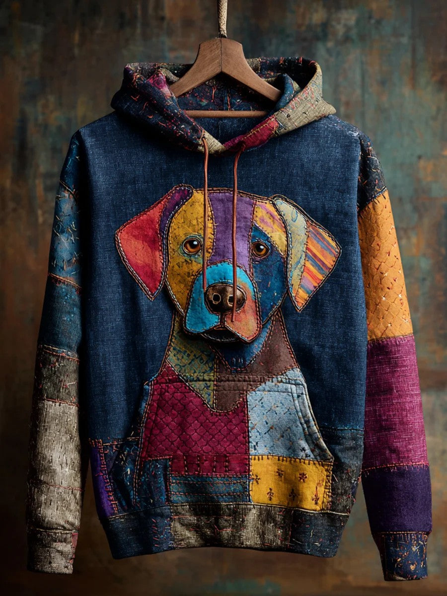 Vintage patchwork hund udskrive kunst Casual Hoodies