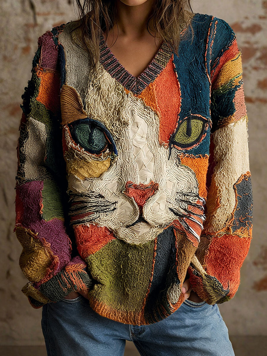 Kvinders kat Geometrisk kunst Print V-hals topper