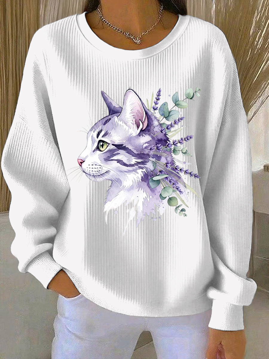 Kvinders lilla kat blomster Print Casual Sweatshirt