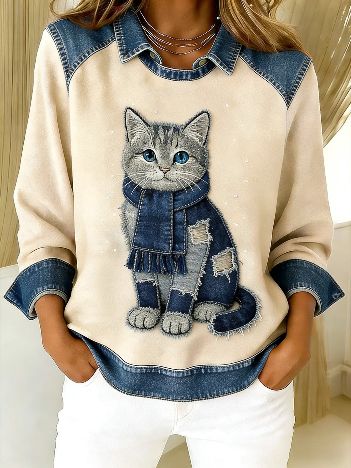 Retro sød kat Denim tørklæde Patchwork Printed Casual Loose Lange Laeve Lapel Sweatshirt