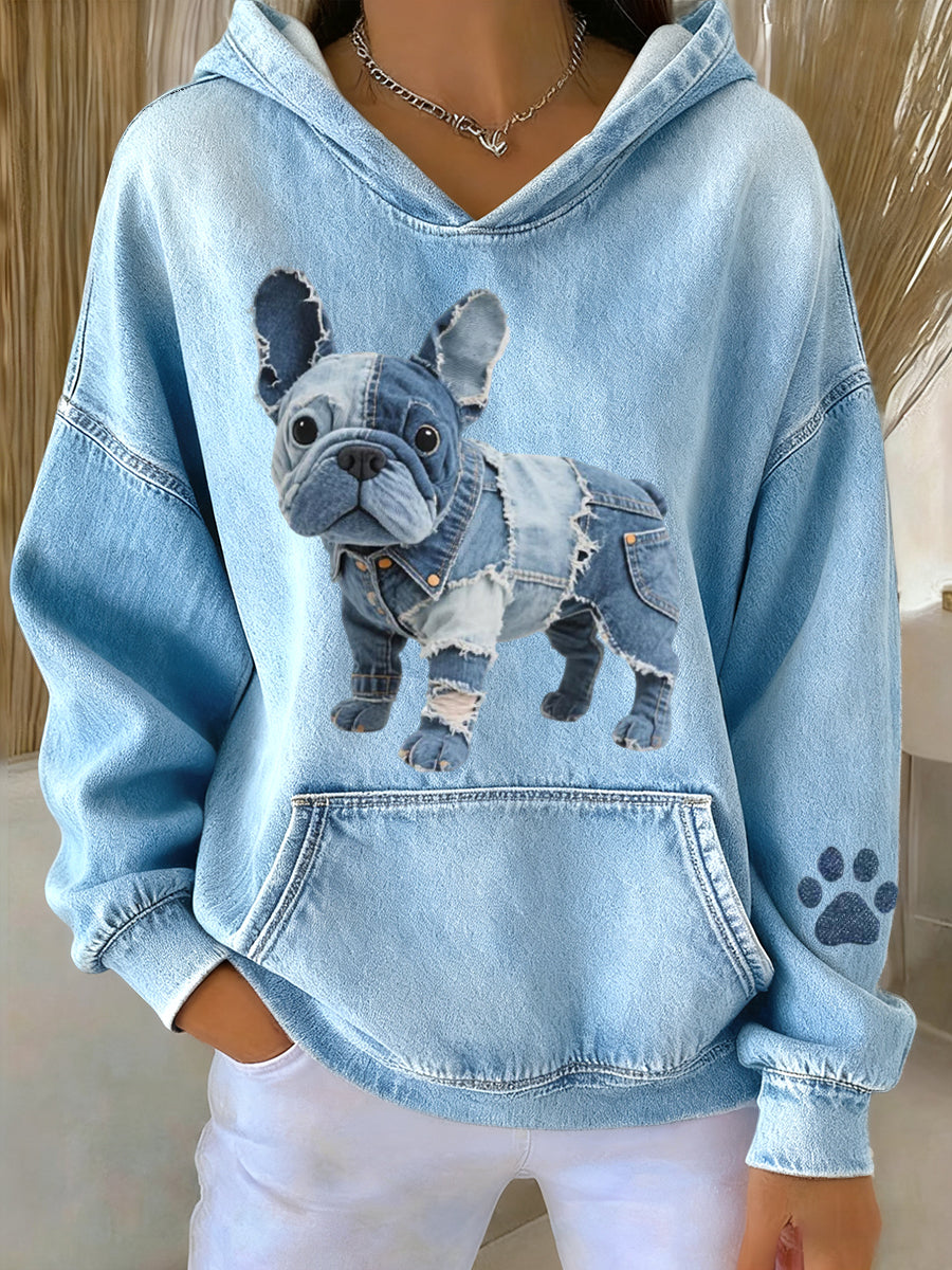 Kvinders dejlige franske Bulldog Denim Patchwork mønster Hoodie.