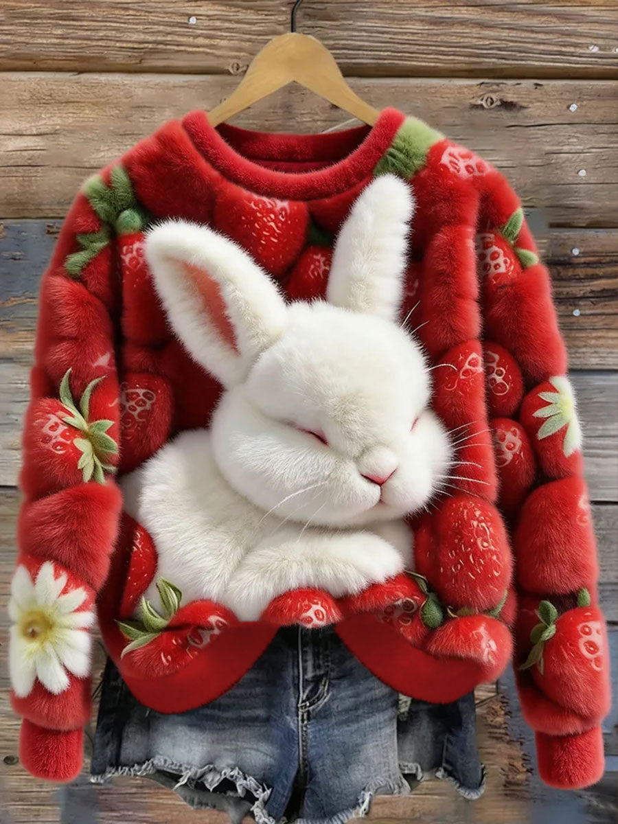 Kvinders søde Bunny og jordbær kunst hyggelig rund hals hyggelig flannel sweatshirt