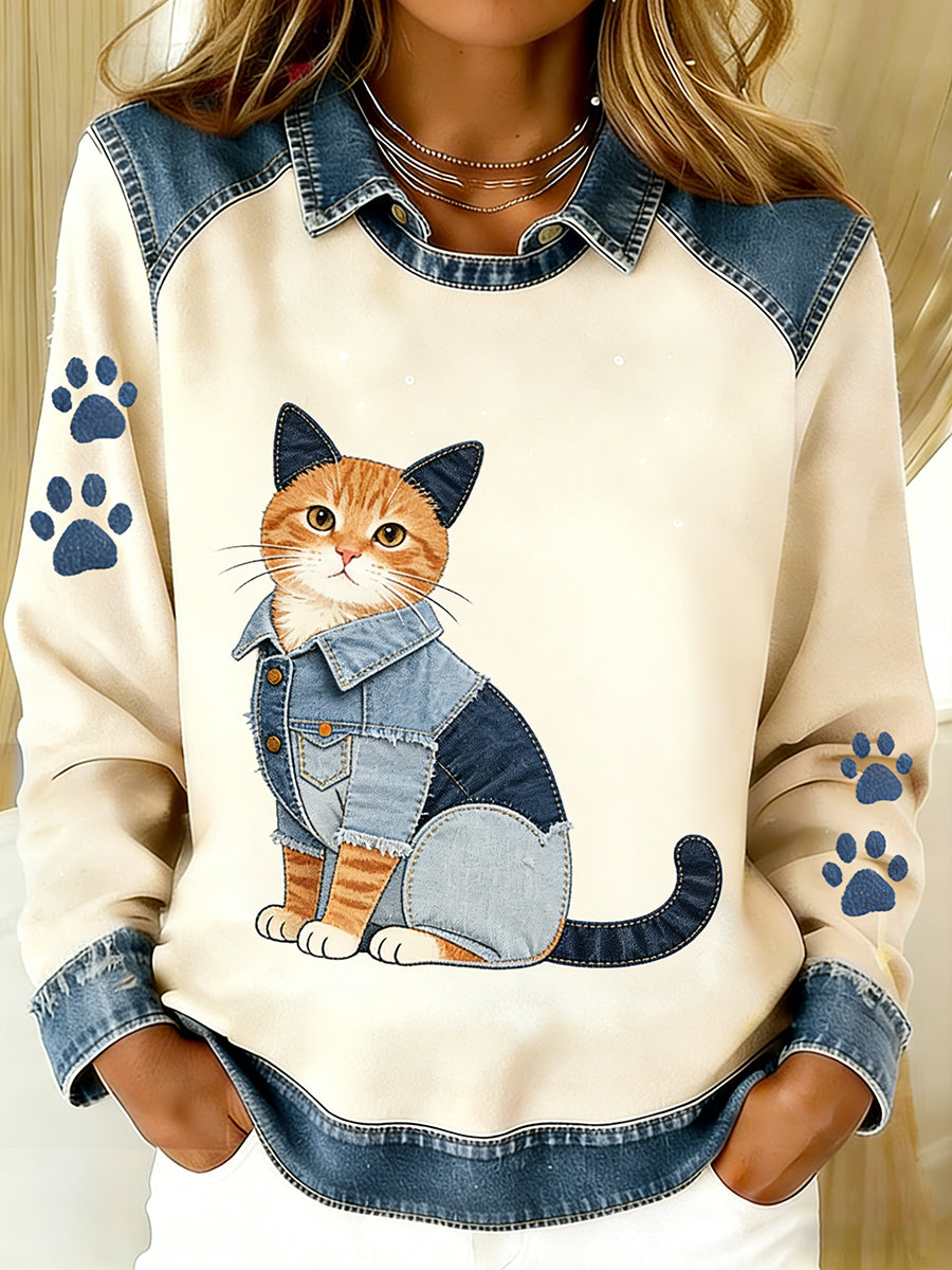Kvinders Vintage Denim Patchwork top med Animal Art Print, Casual og behagelig