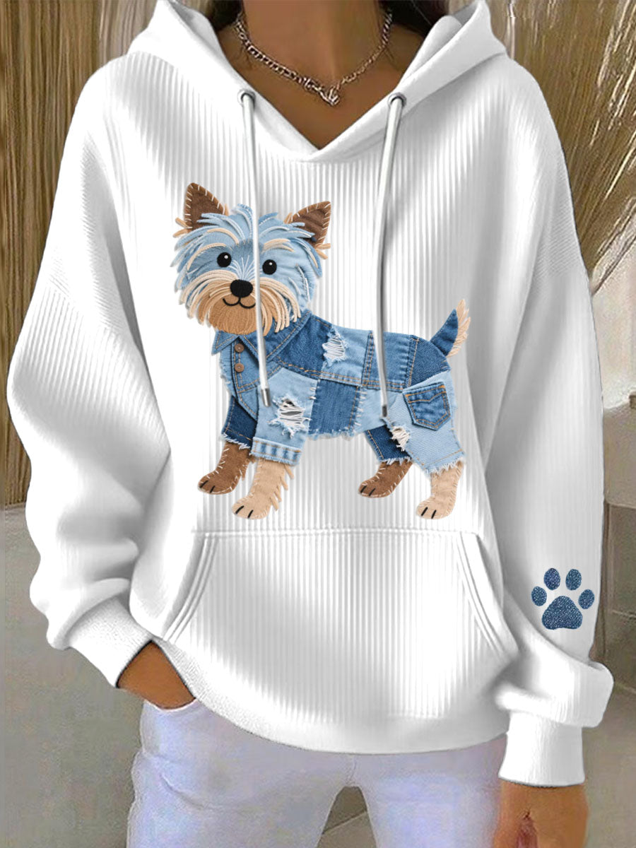 Kvinders dejlige Yorkshire Terrier hund Denim Patchwork Mønster Hoodie.