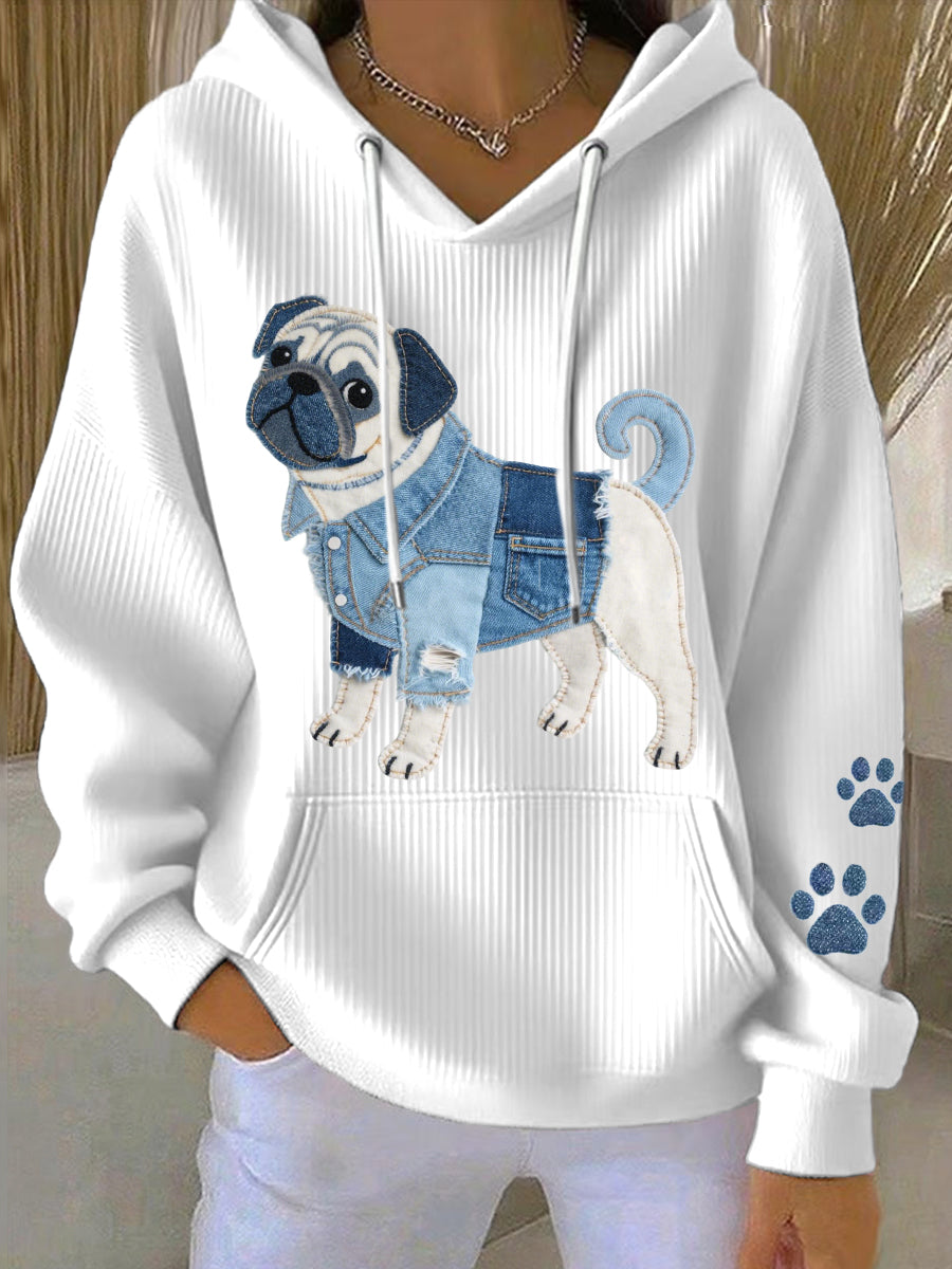 Kvinders Denim Patchwork Art Pug Hund Mønster Hoodie Arts