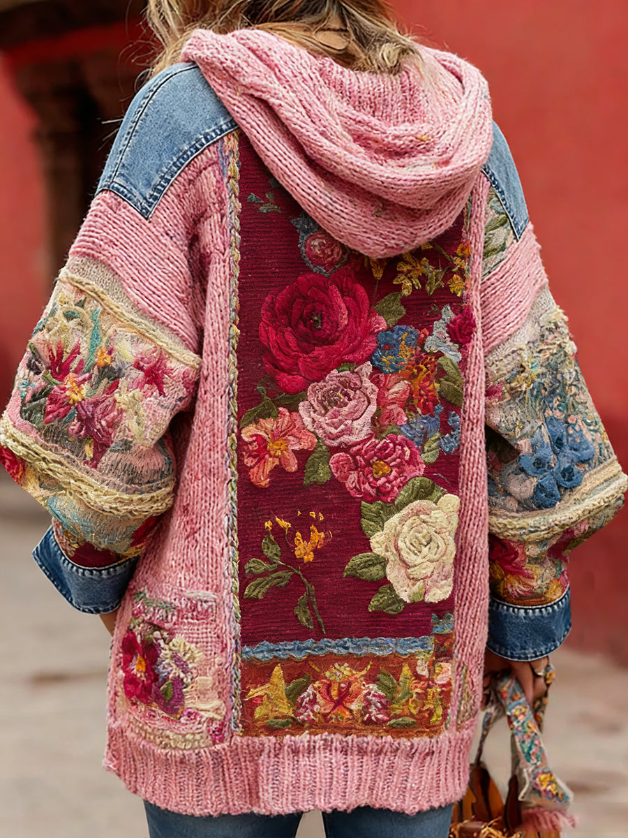 Kvinders Vintage Style Bryst kræft bevidsthed Temaet blomster mønster-knap-Up komfortable hættet Cardigan SweaterName