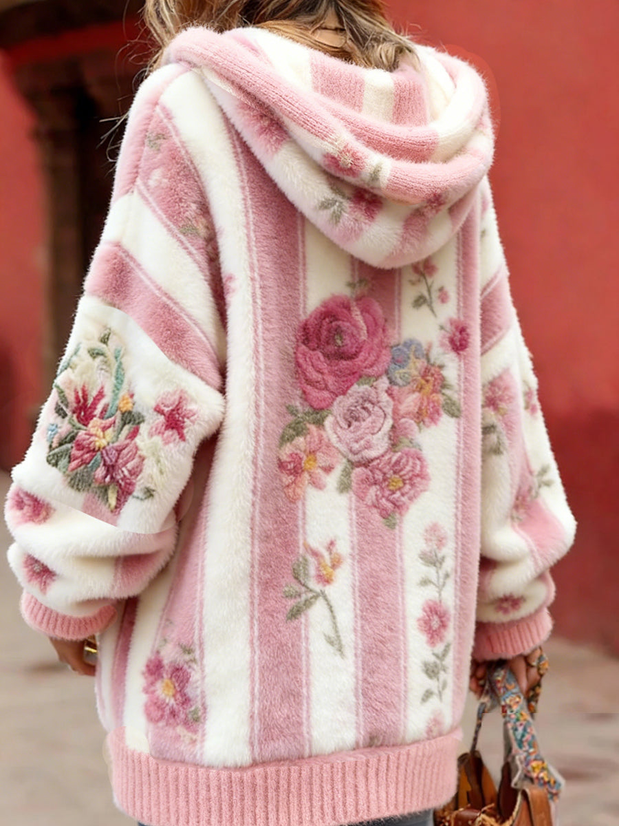 Kvinders Vintage Style Bryst kræft bevidsthed Temaet blomster mønster-knap-Up komfortable hættet Cardigan SweaterName