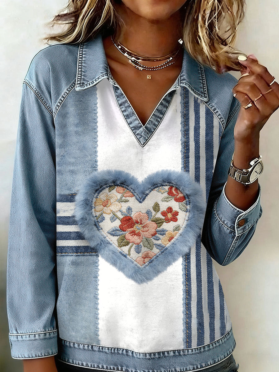 Kvinders Vintage Flower Patchwork Print Casual Sweatshirt