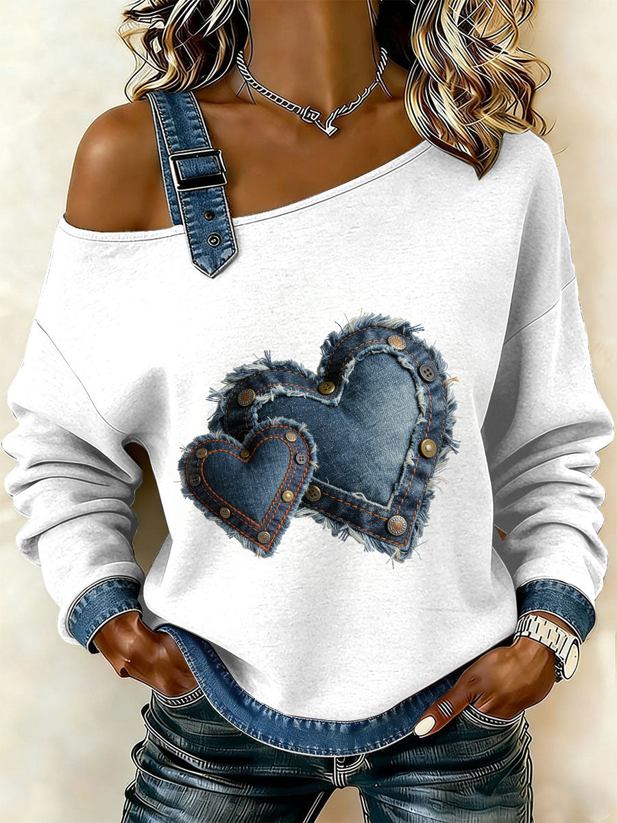 Kvinders Vintage Blomster Patchwork Print Casual Off-Shoulder Sweatshirt