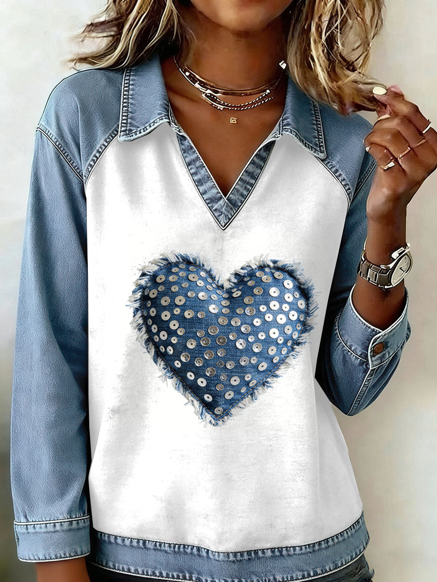 Kvinders Vintage Kærlighed Patchwork Print Casual Sweatshirt