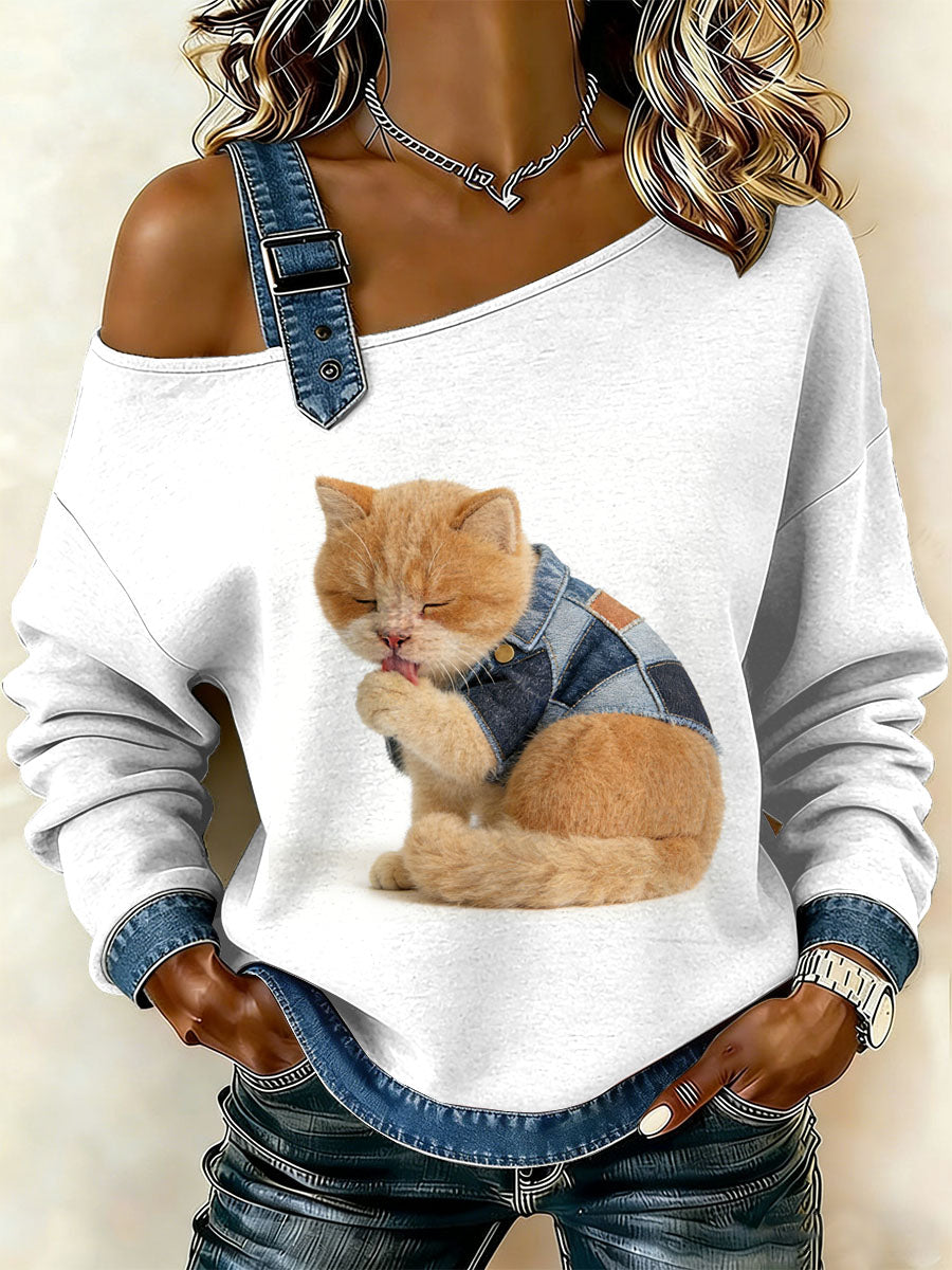 Kvinders Vintage Cat Patchwork Print Casual Off-Shoulder Sweatshirt