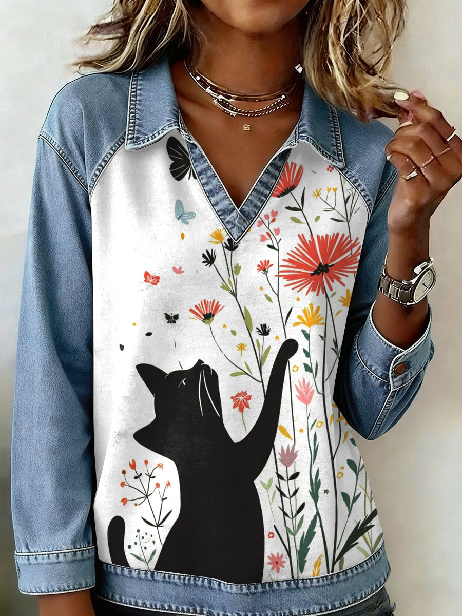 Kvinders Vintage Cat Patchwork Print Casual Sweatshirt