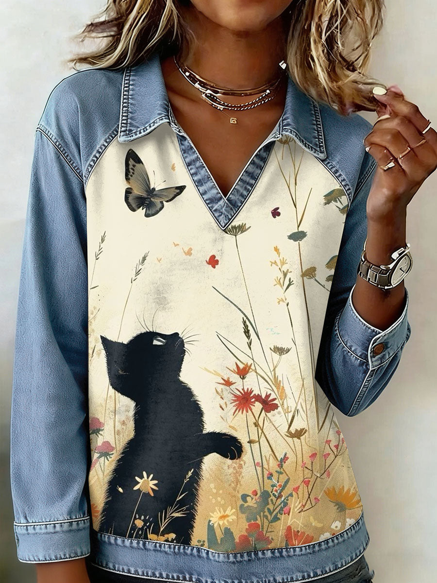 Kvinders Vintage Cat Patchwork Print Casual Sweatshirt
