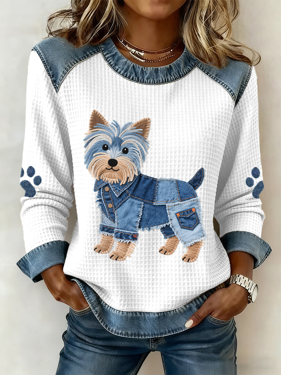 Kvinders dejlige Yorkshire Terrier hunde mønster Denim Patchwork Vaffel sweathirt